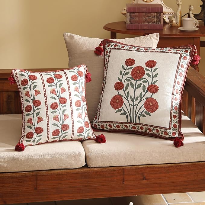 Vintage Throw Pillow Covers Pack of 4,Red Cozy Velvet with Leaves and Floral Pattern Pillowcases,Decor Square Round Lumbar Pillows Cushion Covers for Living Room Couch Sofa Bed Car