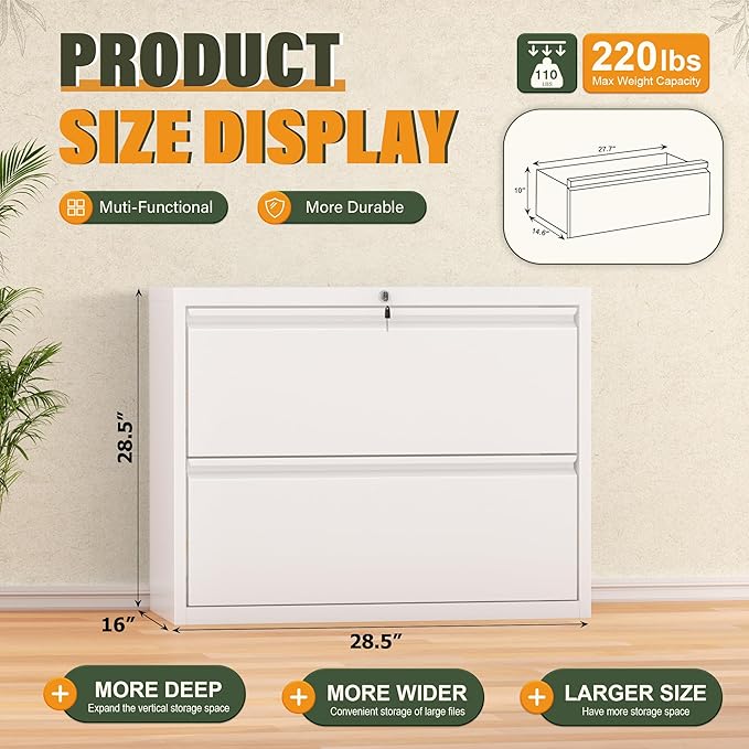 Greenvelly Lateral File Cabinet 2 Drawer, Lockable Metal Filing Cabinet for Home Office, White Metal File Cabinet with Lock for Legal/Letter/A4/F4 Size with Hanging Bars&Key