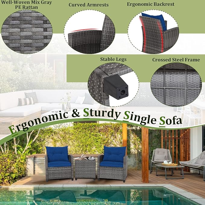RELAX4LIFE Wicker Patio Furniture Sets - 3 Pieces Patio Rattan Sofa Set, Outdoor Conversation Set with Tempered Glass Tabletop, Heavy-Duty Steel Frame, Wicker Chair Set for Poolside, Backyard, Navy