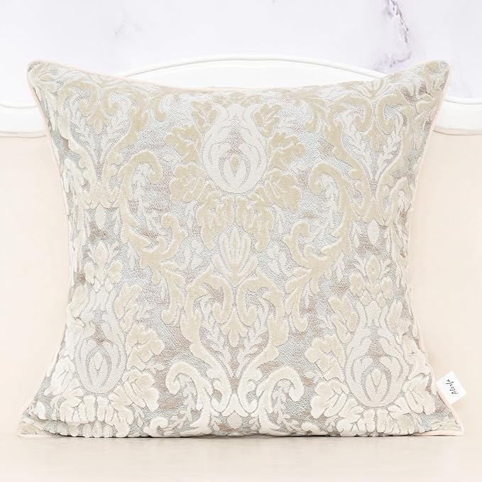 Alerfa Boho White Floral Throw Pillow Cover 18x18 Inch Cut Velvet Sqaure Luxury Embroidered Decorative Pillow Cover for Couch Living Room Bedroom