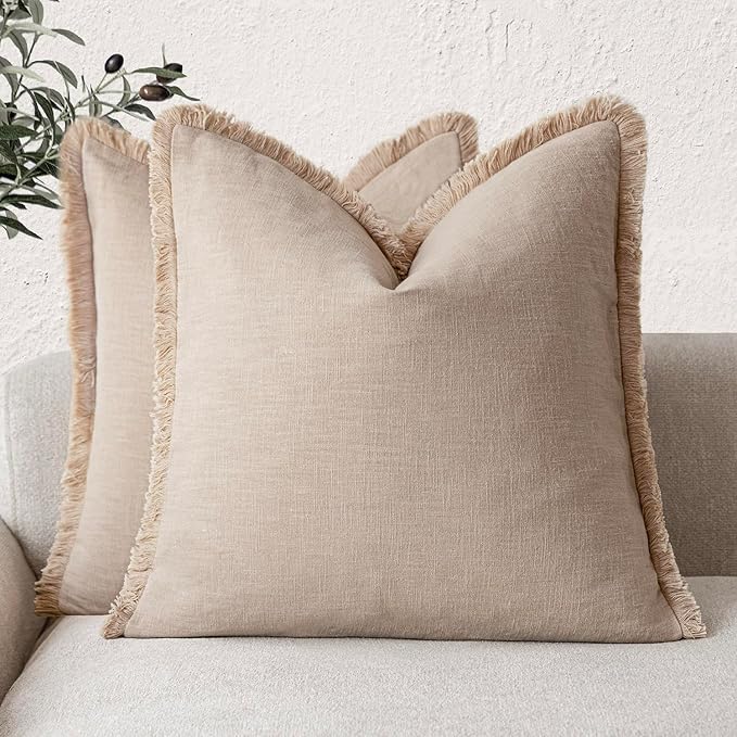 Foindtower Set of 2 Decorative Linen Fringe Throw Pillow Covers Boho Farmhouse Cushion Cover with Tassels Accent Pillowcase for Couch Chair Sofa Bed Living Room Home Decor,16×16 Inch,Tan Beige