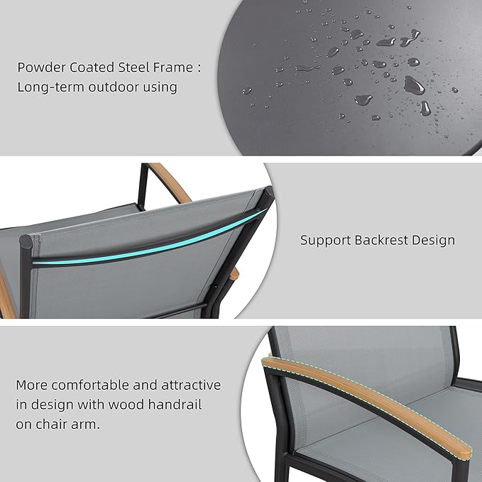 Shintenchi 3 Pieces Patio Bistro Sets, Outdoor Textilene Fabric Conversation Bistro Set, Textilene Fabric Front Porch Chairs Small Patio Furniture Set with Table for Lawn,Garden,Balcony (Grey)