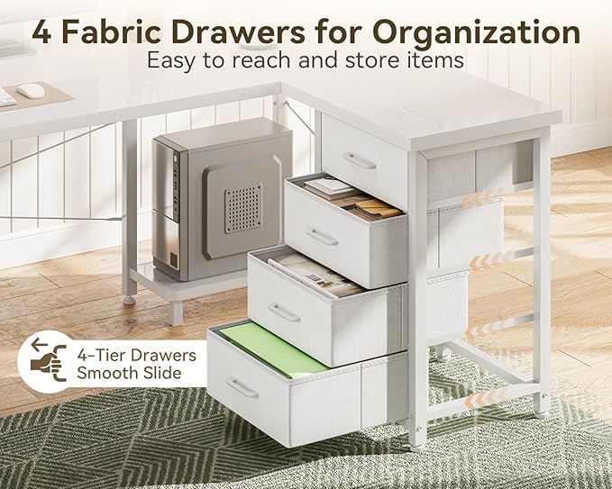 ODK 61'' L Shaped Desk with 4 Drawers, Reversible Corner Desk with Storage, Gaming Table with Power Outlets, USB Ports, PC Case Shelf, Computer Desk for Home Office, Study, Easy Assembly, White