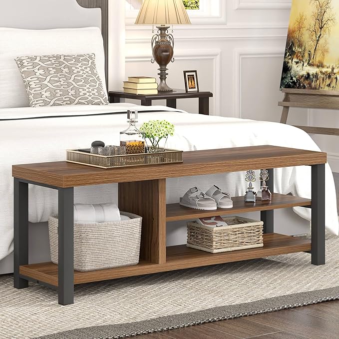 FOLUBAN Shoe Bench, Modern Wood and Metal Storage Bench for Entryway Hallway, Industrial Indoor Shoe Rack Bench Seat for Bedroom, Living Room, Rustic Walnut, 43.3 Inch