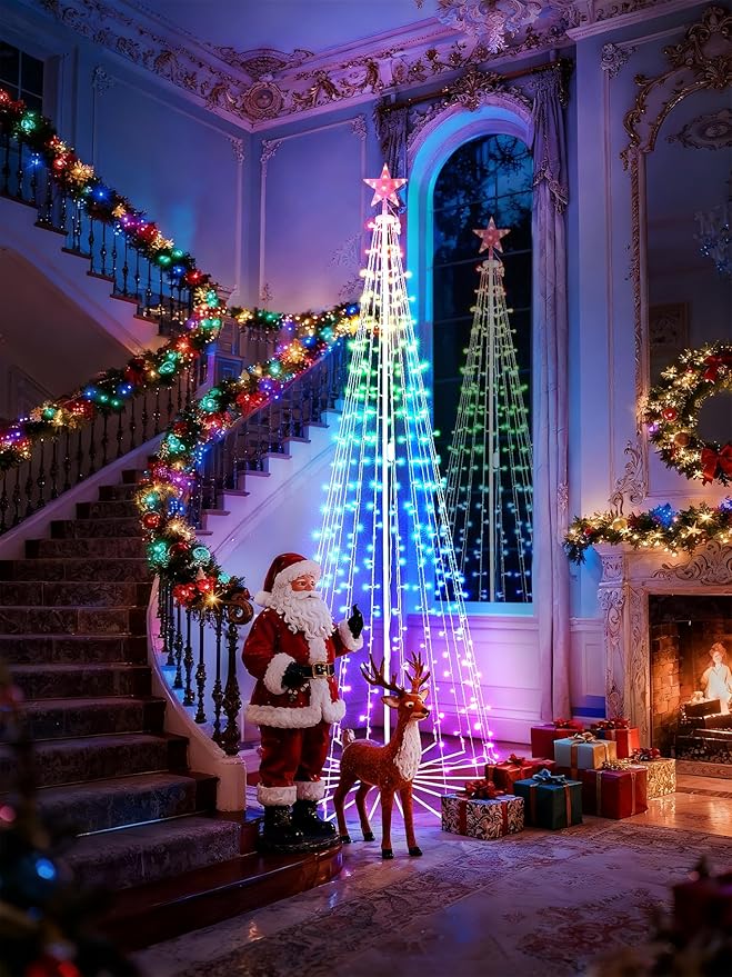 Flacchi 7.8FT Smart Christmas Tree Lights - Star Tree Topper with Removable Bracket, App Control, Sync with Music, Waterfall Colored Lights for Indoor Outdoor Xmas Decorations (7.8FT/ String Lights)