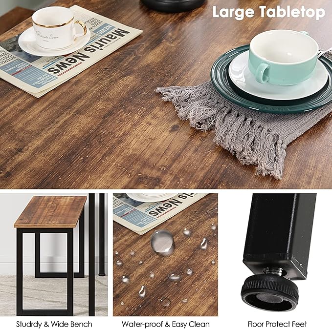 soges 3 PCS Dining Table Set for 4 with 2 Benches, Soho Dining Table and Chairs Set, Industrial Kitchen Table and Chairs Kitchen Breakfast Table Set, Dining Set with Metal Frame, Brown