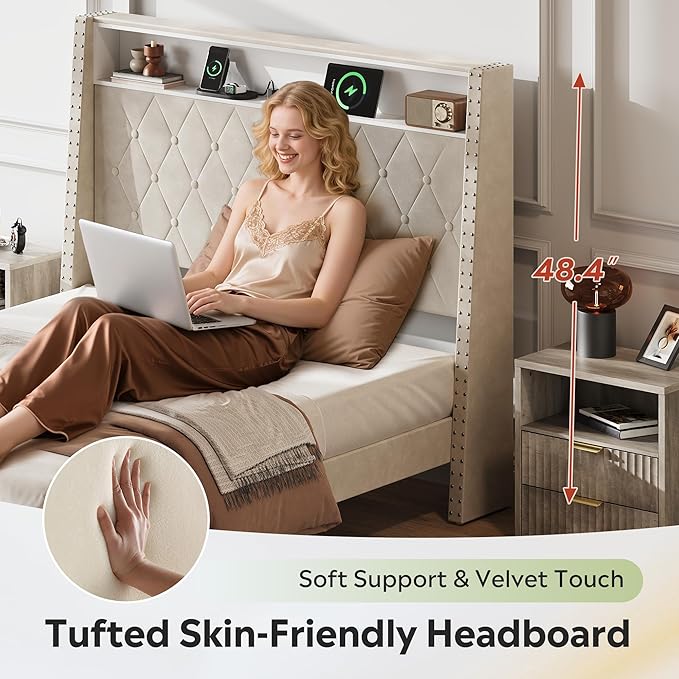 WLIVE Full Size Upholstered Bed Frame with Storage Headboard, Velvet Square Tufted Platform Bed with Charging Station, Sturdy Metal & Wooden Slats Support, No Box Spring Needed, Beige