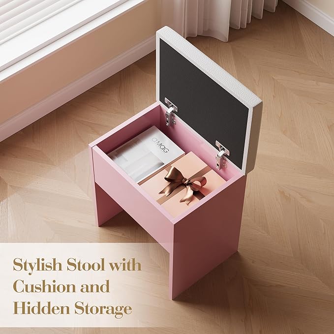 Vanity Desk with Mirror and Lights, Pink Makeup Vanity with Charging Station, Dressing Table Set with Storage Chair, Drawer Shelves, and Foldable Panel for Compact Space Bedroom, Pink