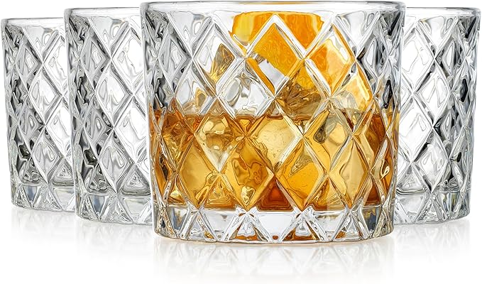 Glaver's Whiskey Glasses Set of 4. 10oz. Double Old Fashioned Glasses for Cocktail Bourbon Rock Glasses,Bar Glasses for Scotch Tequlia Rum. Diamond Cut Glasses. Gift for him
