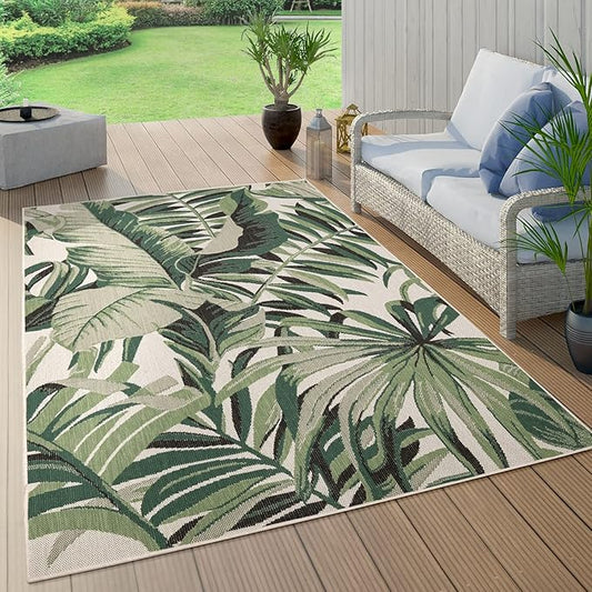 in- & Outdoor Rug Tropical Palm Leaf Design for Patio in Green Beige, Size: 2'8" x 4'11"