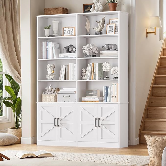 Farmhouse Bookshelf and Bookcase with 4 Doors Set of 2, 6 Tier Large Book Shelf with Storage Cabinets, Floor Standing Display Shelves, 71” Tall Book Case for Home Office, White