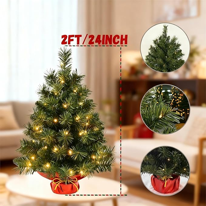 Pre-Lit 2ft Small Christmas Tree, Tabletop Christmas Trees with 50 LED Lights, Mini Artificial Xmas Tree for Table,Desk,Home,Office,Christmas Decor