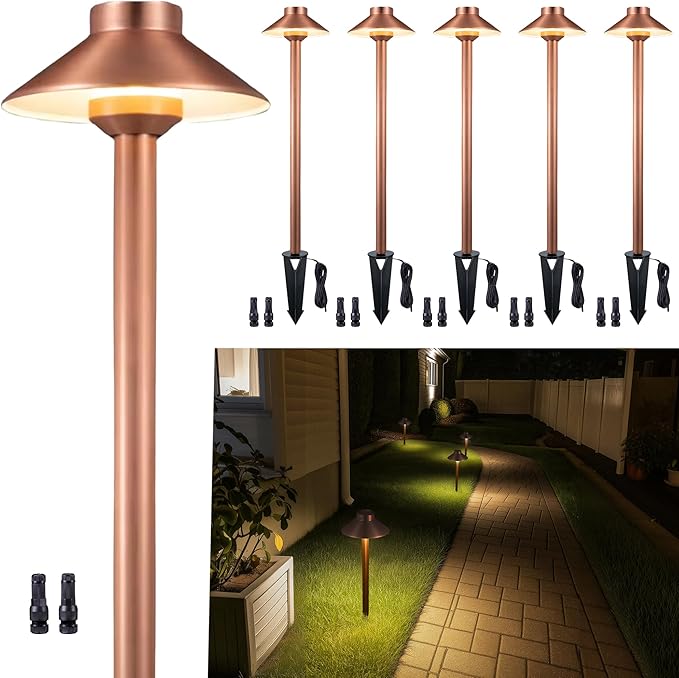 Brass Low Voltage Path Lights(Hat) Outdoor Waterproof IP65, 12v LED Copper Landscape Lights Wired Fixture for Walkway Driveway Garden Yard Without G4 Bulb(6 Pack)