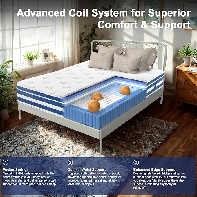 Full Mattress 10 Inch, Hybrid Full Size Mattress in a Box with Gel Memory Foam and Pocket Springs, Medium Firm Mattresses for Pressure Relief & Motion Isolation & Edge Support, Non-Fiberglass