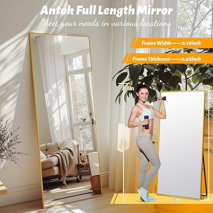 Antok Mirror Full Length, 58"x18" Big Floor Mirror, Oversized Full Body Mirrors with Stand for Bedroom, Living Room Cloakroom, Gold, Rect Corner Style