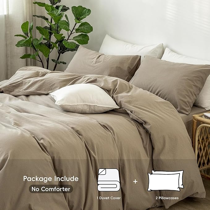 MooMee Bedding Duvet Cover Set 100% Washed Cotton Linen Like Textured Breathable Durable Soft Comfy (Solid Mocha Brown, Cal King 104"x98")