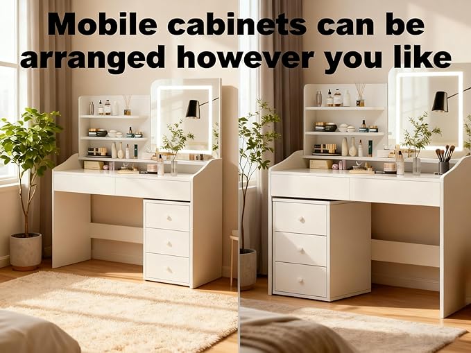 White Makeup Vanity Desk with LED Mirror & Movable Storage Cabinet, 3-Tier Open Shelves, 5 Drawers, Adjustable 3-Color Lighting for Bedroom