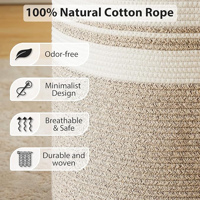 Fiona's magic 100L Extra Large Laundry Hamper Basket, 26.4Gal Tall Woven Laundry Basket Storage, Baby Nursery Hamper for Blankets, Clothes Hamper for Bedroom and Living Room Organizing, Brown & White