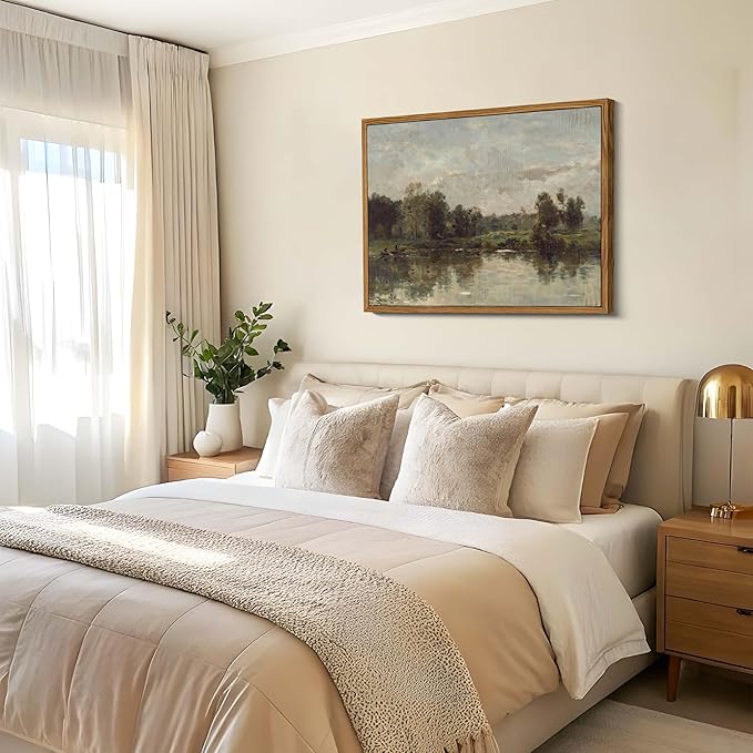 Floating Framed Canvas Wall Art - Tranquil River Landscape Pictures Prints, Countryside Vintage Scenery Paintings Wall Decor for Living Room Bedroom Office Home Decoration 12x16 inch