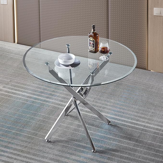 Goujxcy 3 Piece Round Glass Dining Table Set for 2, 36" Round Dining Table & Chair Set Modern Circle Glass Kitchen Table and 2 Velvet Upholstered Chairs for Kitchen Dining (Silver Table & Black Chair)