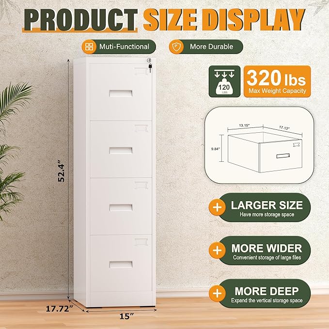 Greenvelly 4 Drawer File Cabinet with Lock, White Metal Vertical Filing Cabinet for Home Office Fit Legal/Letter/A4/F4 Size with Hanging Bars&Key