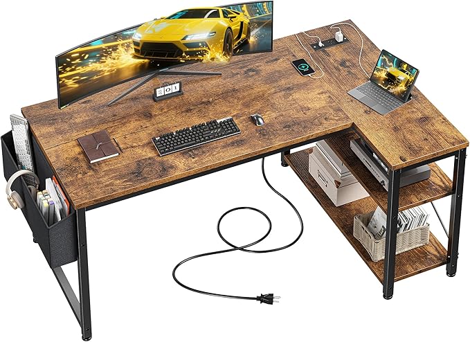 EnHomee Small Computer Desk with Storage Shelves & Side Bag, 40 Inch L Shaped Gaming Desk with Power Outlets, Corner Desk Study Writing Table for Home Office Bedroom Living Room, Brown