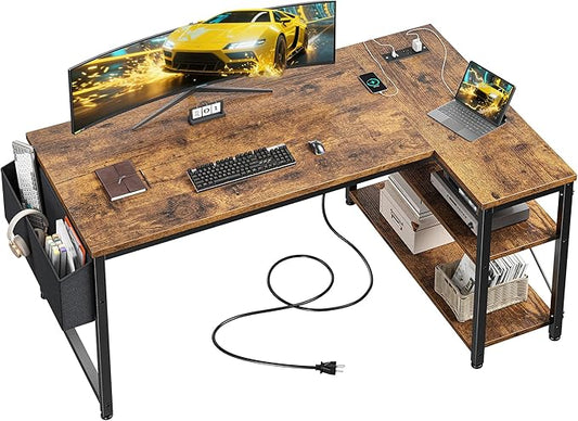 EnHomee Small Computer Desk with Storage Shelves & Side Bag, 40 Inch L Shaped Gaming Desk with Power Outlets, Corner Desk Study Writing Table for Home Office Bedroom Living Room, Brown