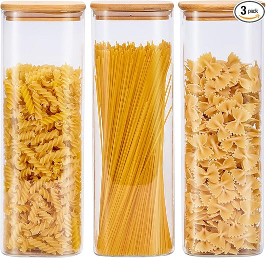 Square Glass Food Storage Jars with Lids[Set of 3], Perfect for Pasta, Cookies, Nuts, Coffee, Cereal, Flour, Organize Your Kitchen and Pantry with these BPA-Free Glass Jars with Canisters