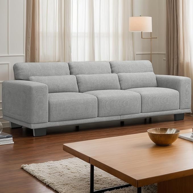 Marsail 3-Seater Modern Sofa, 89" Couch with Wide Armrests & Deep Cushions, Linen Sofas with Removable Washable Covers for Living Room, Grey