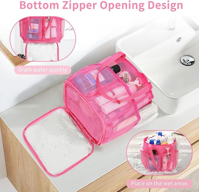 Mesh Shower Caddy Portable for College Dorm Room Essentials, Shower Tote Bag with Hanging Hook and Drawstring, Quick Dry Toiletry Bag with 6 Pockets for Bathroom, Swimming, Gym, Camping, Beach, Travel