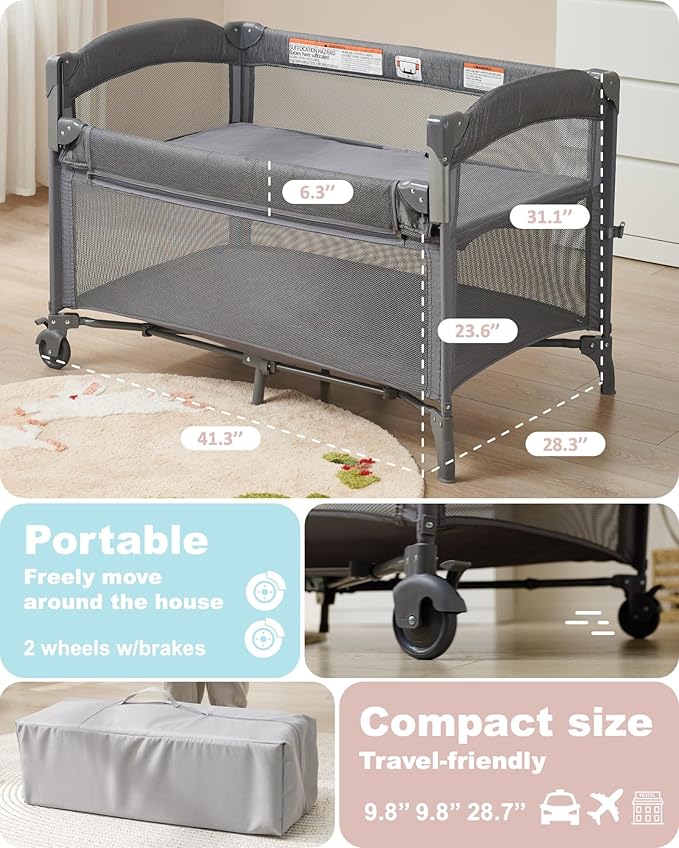 AirClub 4 in 1 Baby Bassinet Bedside Sleeper, 4 Functions Crib, Playard, Portable Changing Table, Bassinet for Newborn Baby, Bedsaide Bed w/Wheels&Brakes