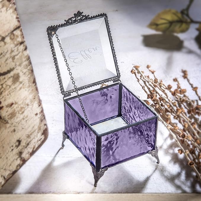 Personalized Purple Glass Box Decorative Vanity Display Case Storage Jewelry Organizer Keepsake Gift for Her Girl Women Purple Vintage Decor J Devlin Ellen Box 836 EB245