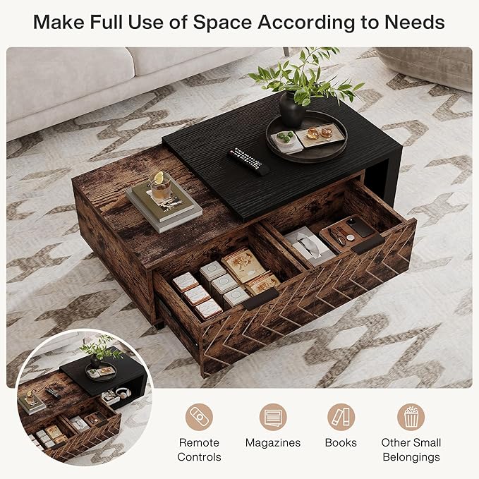Tribesigns Extendable Coffee Table with 2 Storage Drawers, Dual-Tone Center Table with Sliding Tabletop, Multi-Functional Wooden Rectangle Cocktail Table for Living Room (Black & Rustic Brown)