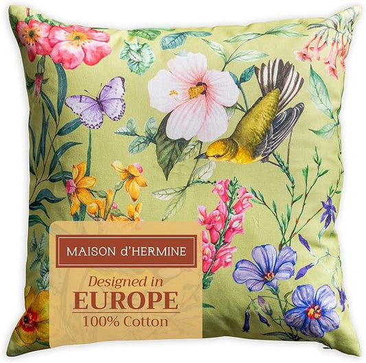 Maison d' Hermine Decorative Pillow Covers 18 x 18 Inch Square 100% Cotton Throw Pillow Covers with Invisible Zipper for Living Room Couch, Chair, Sofas, Bedroom, Home (Hesperides - Oiseaux)