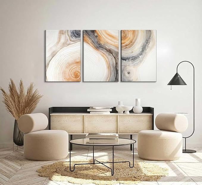 3 Pcs Beige Tree Rings Canvas Wall Art Modern Neutral Abstract Geome Nature Tree Ring Paintings Pictures Wall Decor Poster Print Artwork for Living Room Bedroom Office Home Decoration