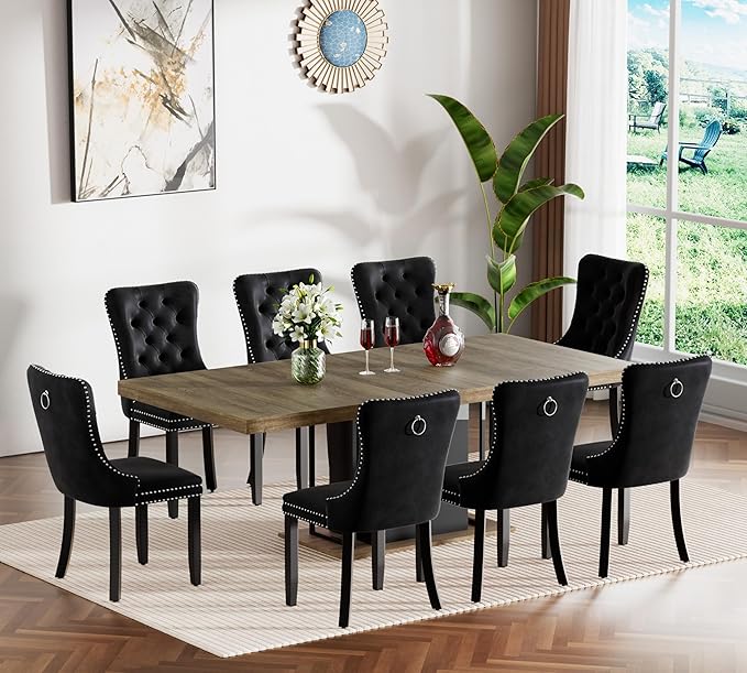 Goujxcy 78.7" Farmhouse Extendable Dining Room Table Set for 8, 9-Piece Rectangle Kitchen Dining Room Table Set with Wood Base and 8 Black Velvet Dining Chairs, Extending Kitchen & Dining Table Set