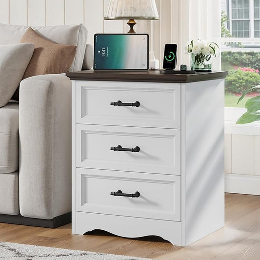 Farmhouse Nightstand with Charging Station, White Wood Bedside Table & End Table with 3 Drawers and Unique Base Design, Side Table Storage Cabinet with Metal Handles for Bedroom, Living Room