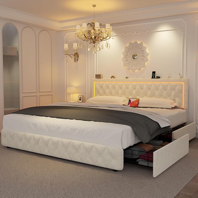 Full Bed Frame with 4 Storage Drawers, Velvet Upholstered Bed Frame Full Size with Charging Station and LED Lights, 46" Adjustable Button Tufted Headboard, No Box Spring Needed, Beige