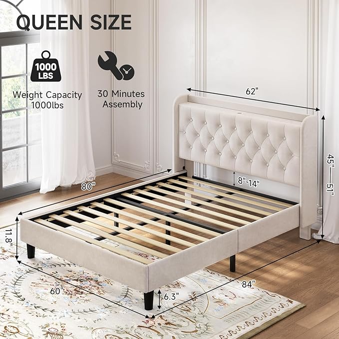koorlian Queen Bed Frame with Headboard, Adjustable Velvet Upholstered Bed Frame with Type-C&USB Ports, Wingback Storage Headboard, Solid Wood Slats Support, No Box Spring Needed, Noiseless, Beige