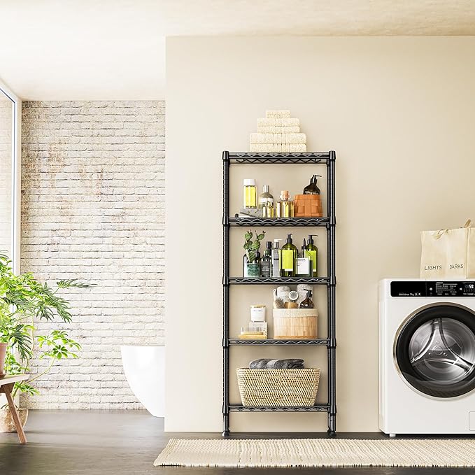 IZEUK 5 Tier Steel Storage Shelves, Heavy Duty Metal Shelf Wire Shelving Rack for Pantry, Kitchen, Living Room, or Office Organization (11.8" D x 23.6" W x 59.5" H, 1250LBS, Black)