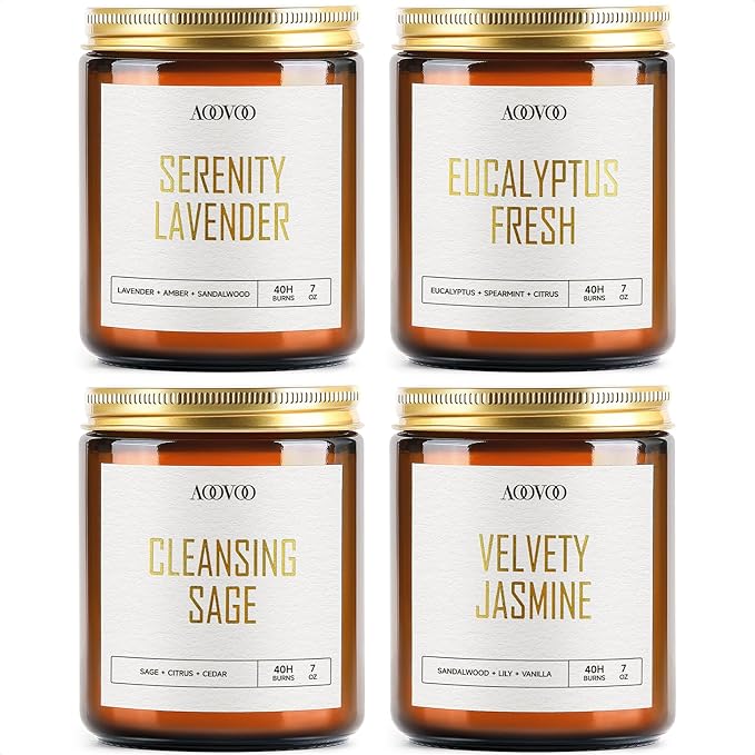 AOOVOO Candle Set - 4PC Scented Candles, 28 oz Soy Candles, Soy Candle for Home Scented, Sage/Jasmine/Eucalyptus/Lavender