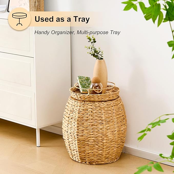 Round Wicker Basket with Lid, Handwoven Water Hyacinth Storage Basket, Blanket Organizer Basket for Laundry, Bathroom, Bedroom, Living Room, Office