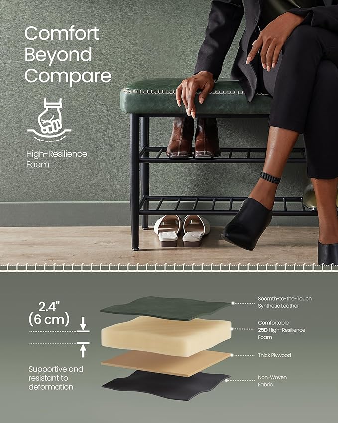 VASAGLE EKHO Collection - Shoe Rack Bench, Storage Bench for Entryway, Synthetic Leather with Stitching, Mid-Century Modern, Loads 300 lb, 11.8 x 31.5 x 19.7 Inches, Forest Green ULSB054C01