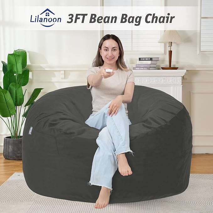 3FT Bean Bag Chair with Ultra Soft Velvet Cover Bean Bag Sofa with Memory Foam Bean Bag Chairs with Large Size Lazy Sofa for Dorm Office Living Room Bedroom Grey 3'