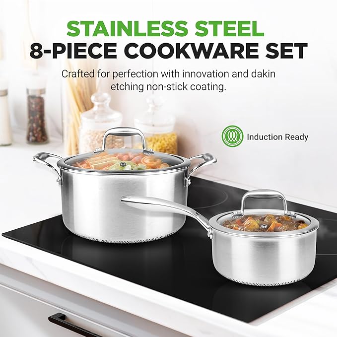 NutriChef 8-Piece Triply Cookware Set Stainless Steel - Triply Kitchenware Pots & Pans Set Kitchen Cookware, Non-Stick Coating - Sauce Pot, Stew Pot, Cooking Pot, Frying Pan, Lids - NC3PLY8Z