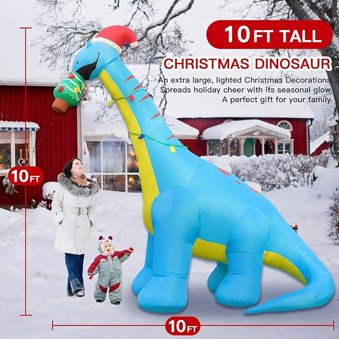 10 FT Christmas Inflatable Outdoor Decorations, Giant Christmas Dinosaur Blow up Yard Decor with Christmas Hat & Tree, Built-in LED Lights Xmas Holiday Decorations for Outside Lawn Garden Indoor