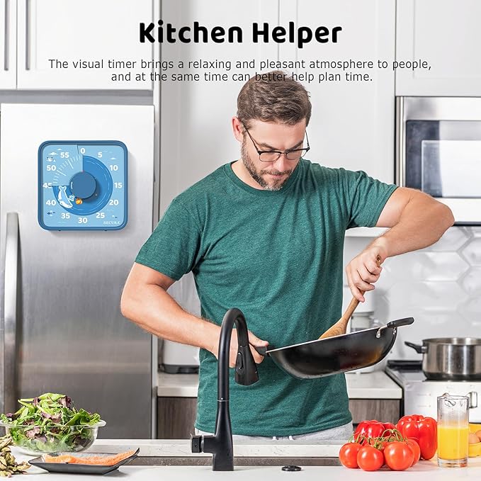 Secura 7.5-Inch Animal Pattern Visual Timer for Kids, 60-Minute Countdown Timer for Classroom or Kitchen, Durable Mechanical Timer Clock with Magnetic Backing (Blue)