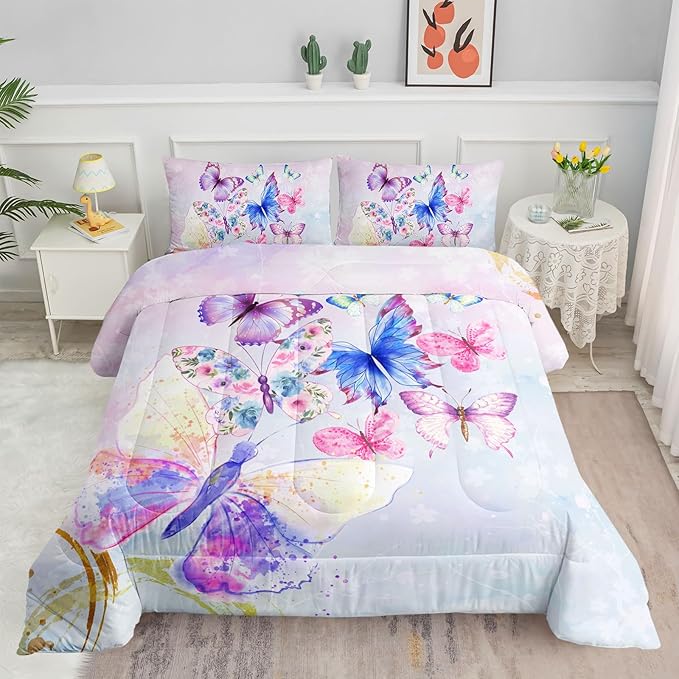 Watercolor Butterfly Comforter Bedding Set for Girls Kids Teens,Lightweight Colorful Floral Butterfly Printed Tie-dye Comforter with 2 Pillowcases(Watercolor Butterfly Full)