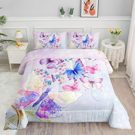 Watercolor Butterfly Comforter Bedding Set for Girls Kids Teens,Lightweight Colorful Floral Butterfly Printed Tie-dye Comforter with 2 Pillowcases(Watercolor Butterfly Full)