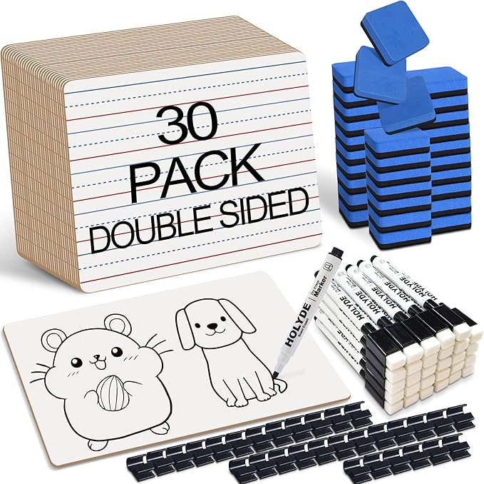 Set of 30 Dry Erase Boards, Double Sided Small Whiteboards with Lines for Kids, Students, Teacher & Classroom Pack, 9"x12" Mini Individual White Boards Lined for Writing with 30 Makers, 30 Erasers